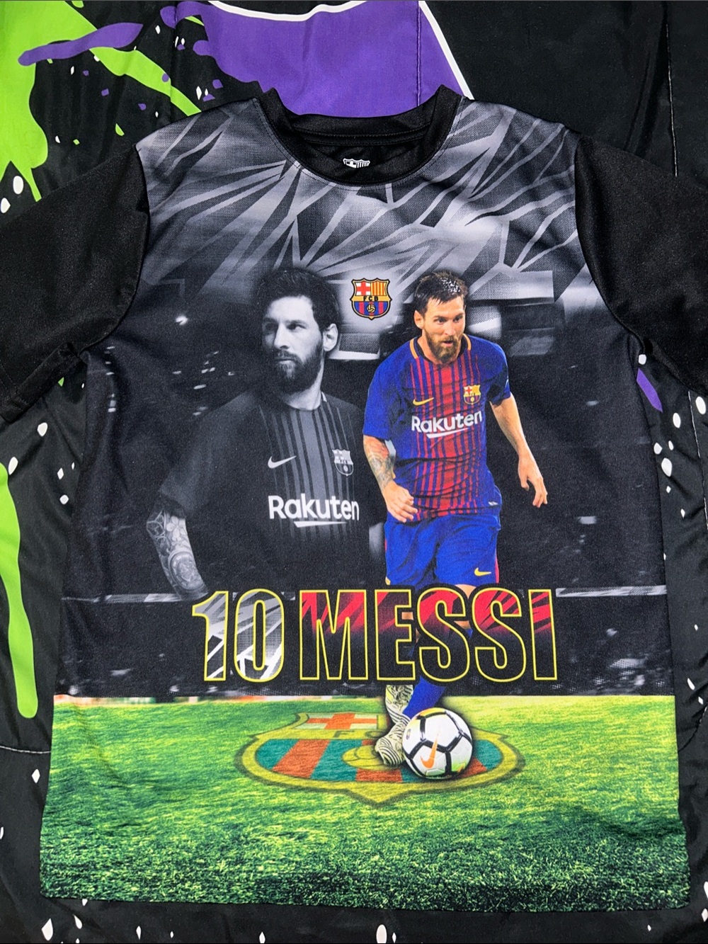 Black, Blue, Green Lionel Messi Graphic Short Sleeve Shirt